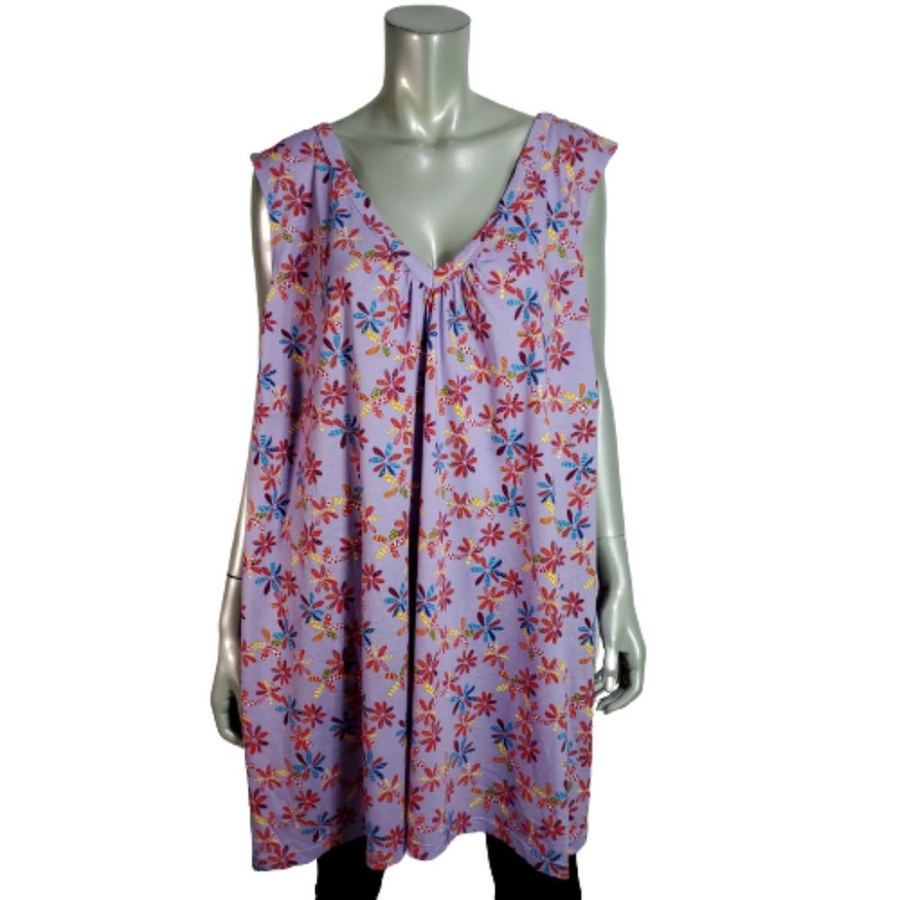 Woman Within Tunic Tank Plus Size 38/40 Stretch 100% Cotton V-Neck Floral Purple
